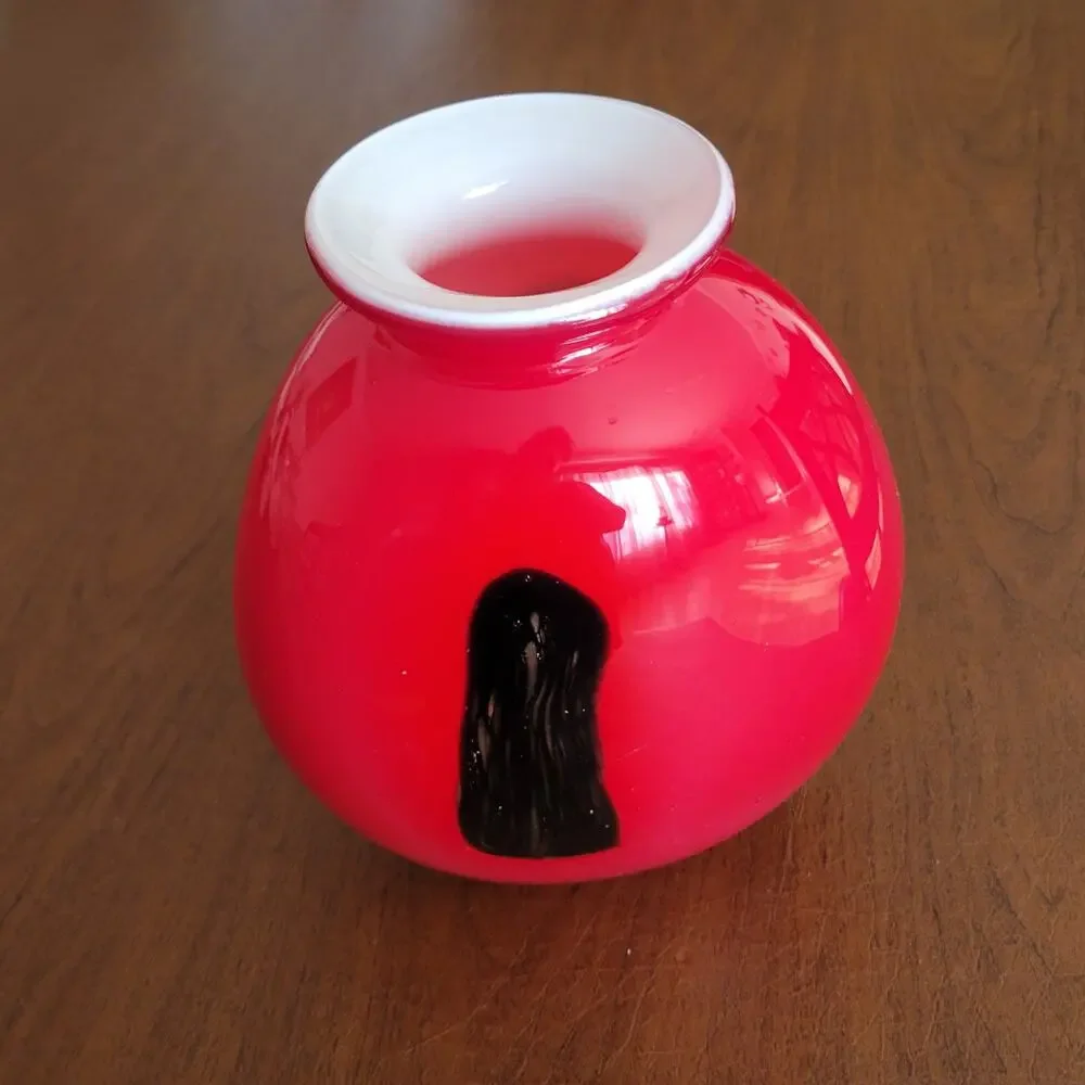 Vintage Tango Glass Vase Red White Cased Art Glass Black Swirl Hand Blown 9